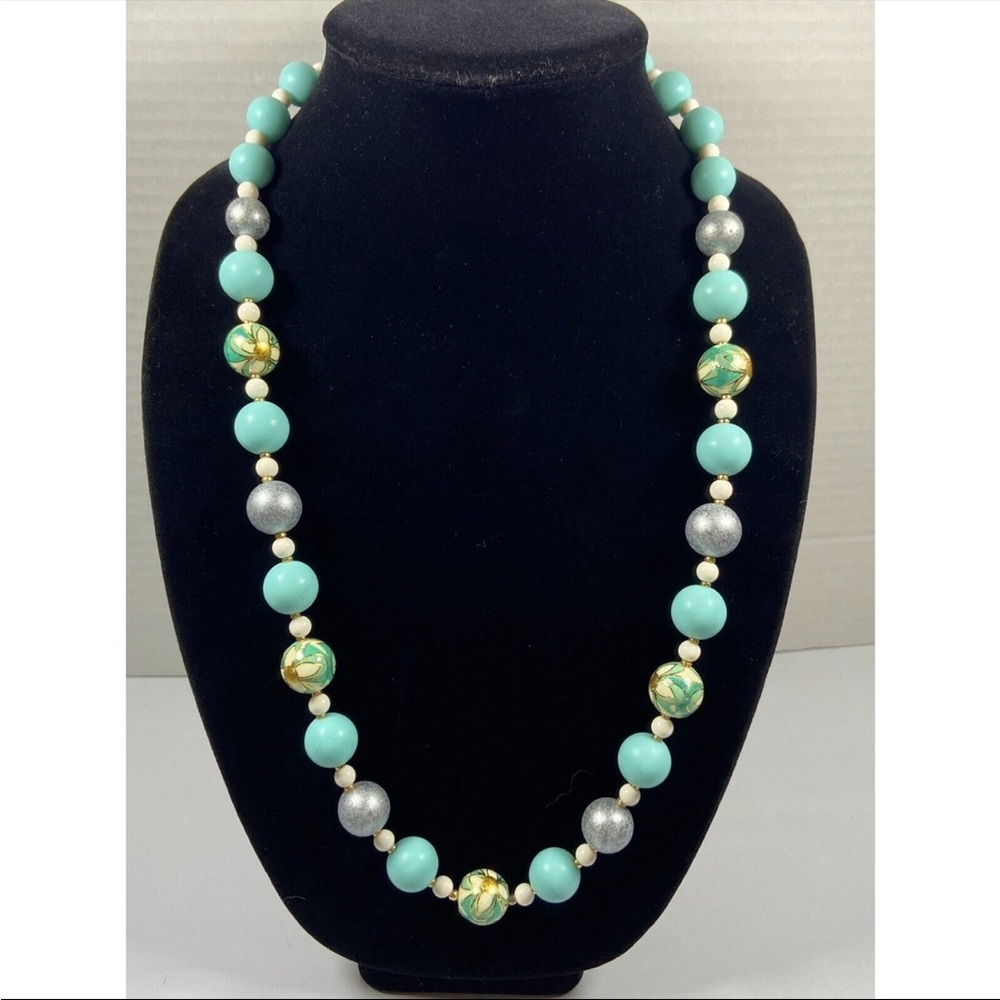 Vintage Japan Aqua & Cloisonné Statement Bead Necklace – 23”
